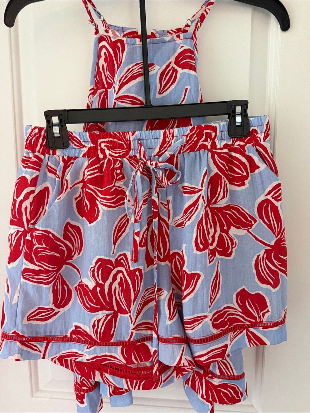 2 pc Joy Joy Red Floral Top & Drawstring Women’s Shorts on Light Blue